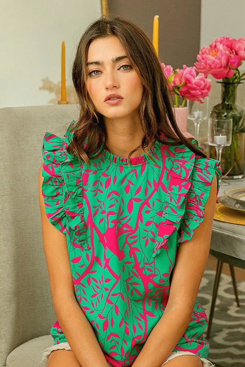 TEEK - Made Fuchsia Leopard Leaves Print Woven Top TOPS TEEK Trend