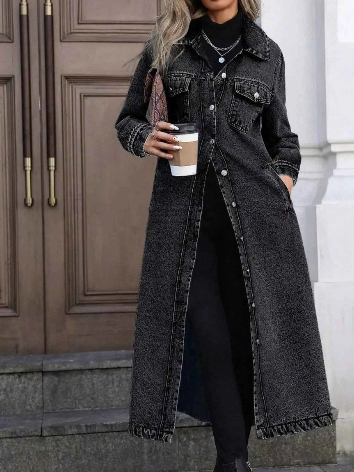 TEEK - Longline Button-Front Denim Coat COAT TEEK Trend Dark Gray S