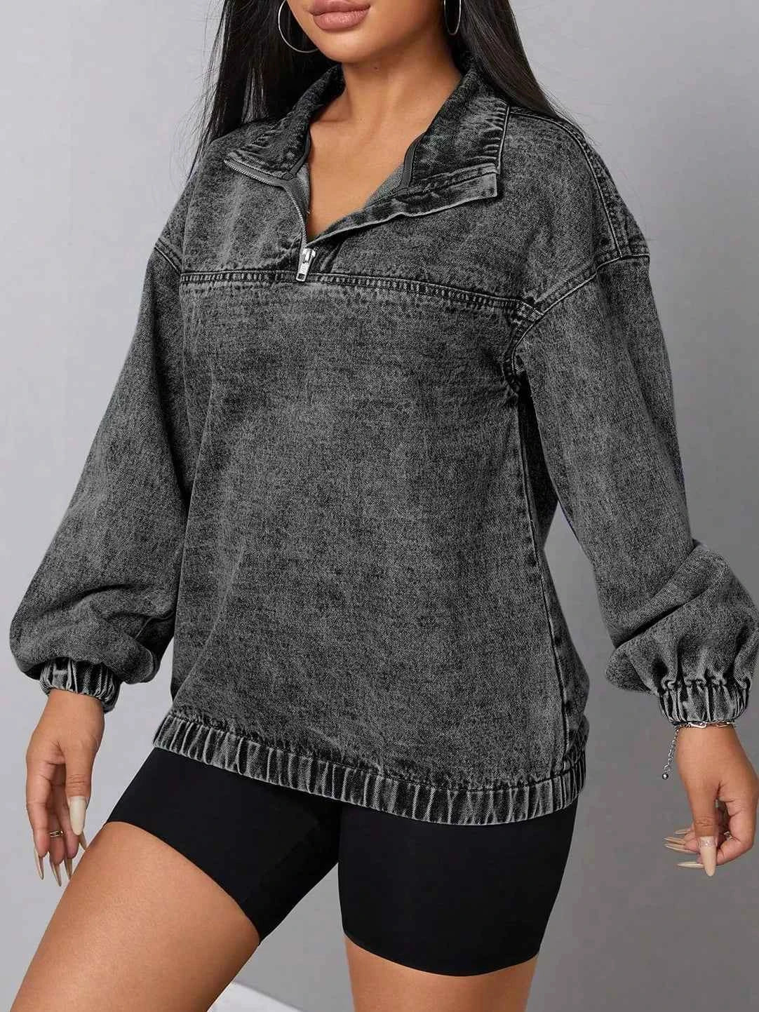 TEEK - Elastic Hem Quarter Zip Denim Top TOPS TEEK Trend