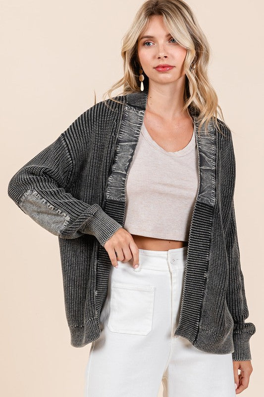 TEEK - Black Contrast Patch Open Front Mineral Wash Cardigan SWEATER TEEK Trend