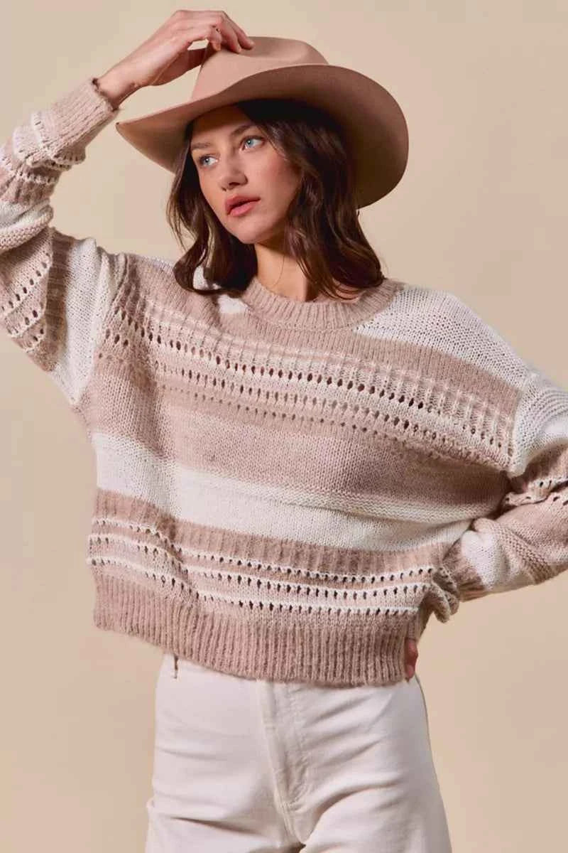 TEEK - Variegated Stripe Textured Loose Fit Sweater TOPS TEEK Trend