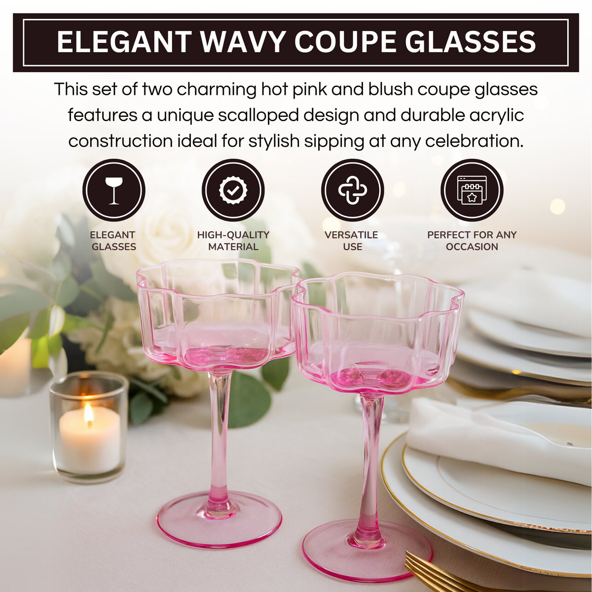 TEEK - Flower Wave Coupe Cocktail Colored Glasses Set | Hot Pink & Blush HOME DECOR TEEK KS