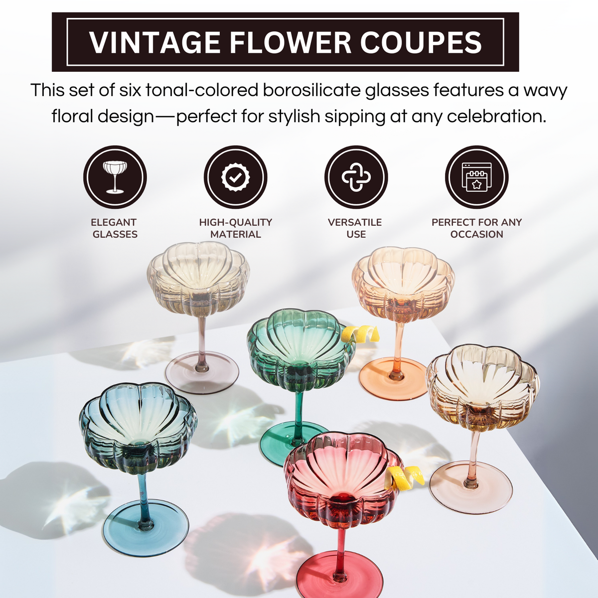 TEEK - Flower Coupe Cocktail Colored Glasses Set | Muted HOME DECOR TEEK KS