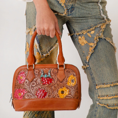 Loyalwest Suave Mini Bag PetalHide - Petal Hide Handtooled Leather And Calfskin Bag Whiskey Black & Co