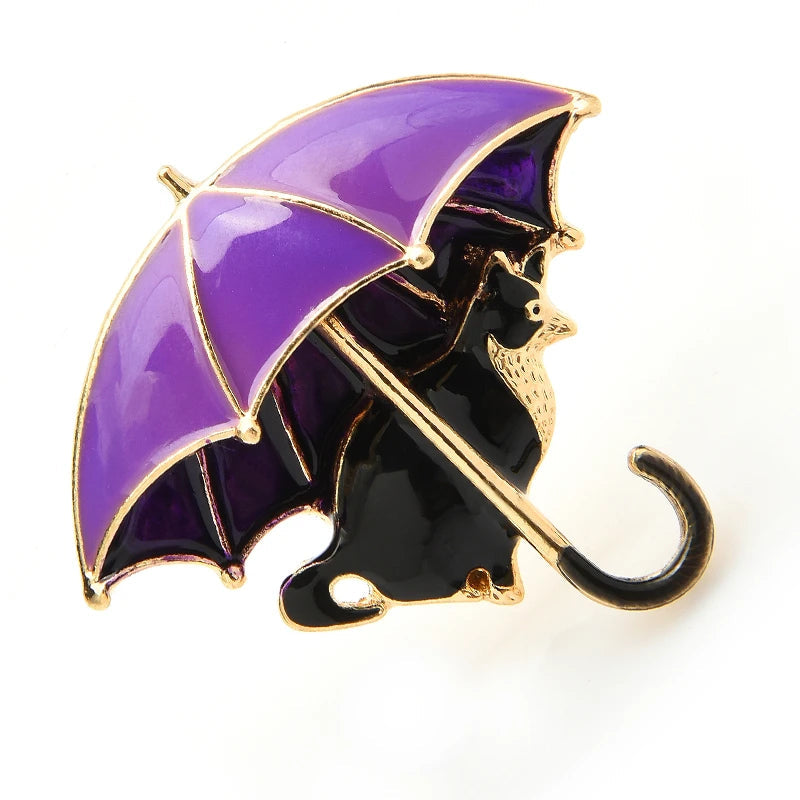 TEEK - Cat Under Umbrella Brooch JEWELRY theteekdotcom purple-black