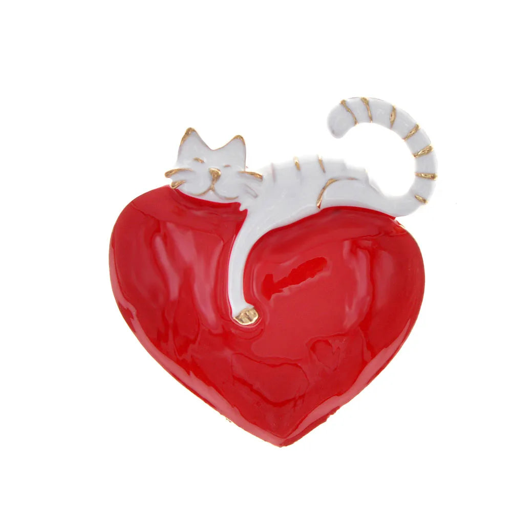 TEEK - Enamel Heart And Cat Brooch JEWELRY theteekdotcom white