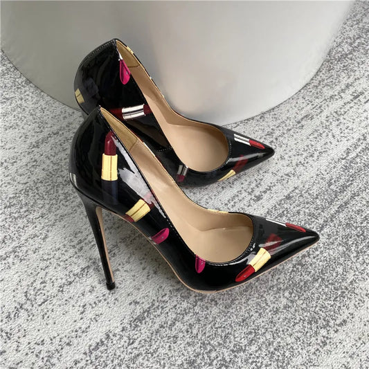 TEEK - Lipsticker Print Glossy Pumps SHOES theteekdotcom
