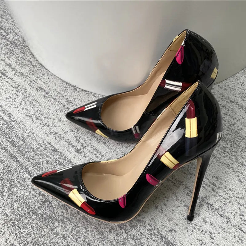 TEEK - Lipsticker Print Glossy Pumps SHOES theteekdotcom Black 8cm/3.15in Heel 5.5
