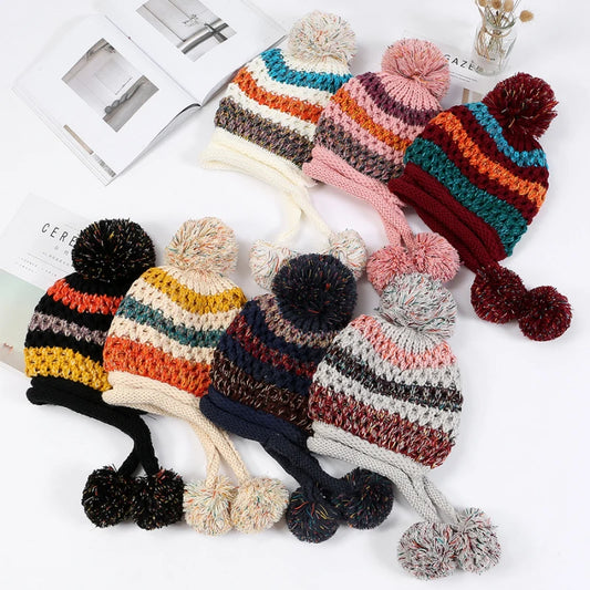 TEEK - Knitted Patchwork Pompom Earflap Beanies HAT theteekdotcom