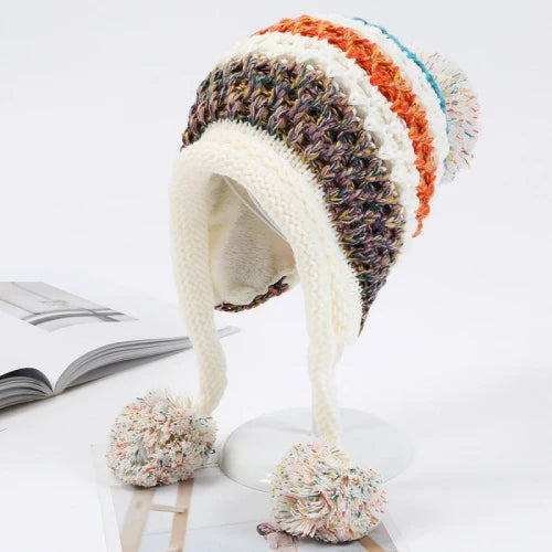TEEK - Knitted Patchwork Pompom Earflap Beanies HAT theteekdotcom Ivory