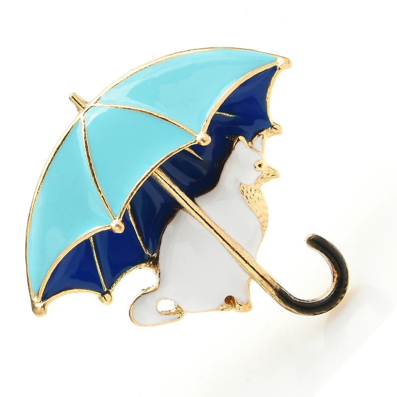 TEEK - Cat Under Umbrella Brooch JEWELRY theteekdotcom blue-white