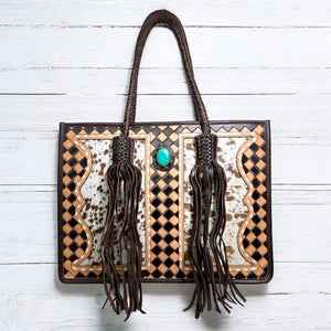 BROWN CHECKER TOOLED & COWHIDE FRINGE TOTE BAG Bag Whiskey Black & Co