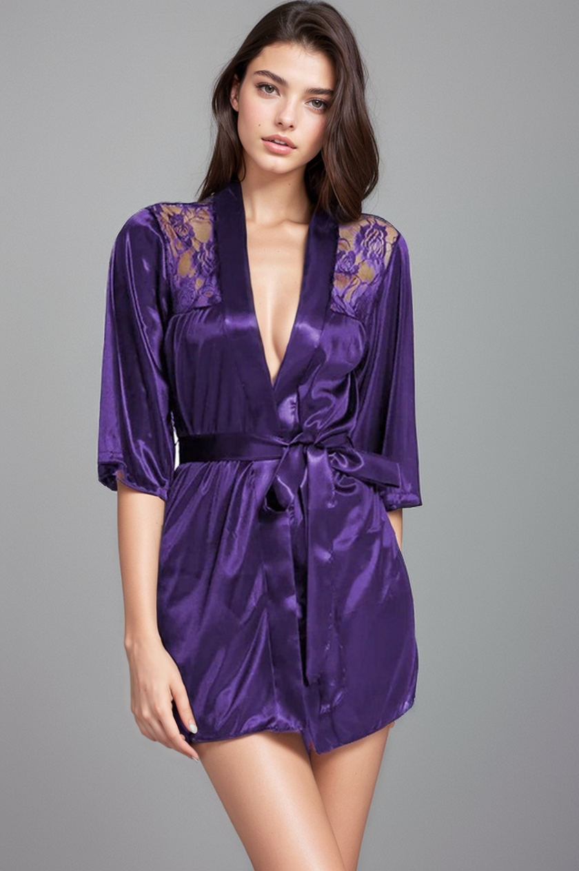 TEEK - Satin Lace Back Robe ROBE TEEK 3W Purple Small