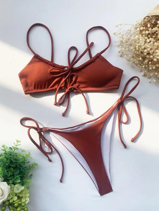 TEEK - Solid Front Lace-Up Bikini SWIMWEAR theteekdotcom Brown S