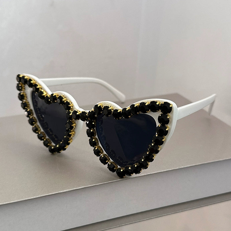 TEEK - Bejeweled Heart Sunglasses EYEGLASSES theteekdotcom White Frame + Black Gray