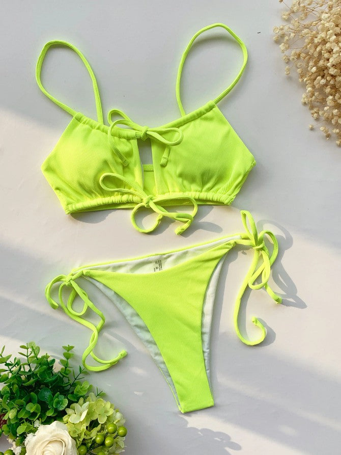 TEEK - Solid Front Lace-Up Bikini SWIMWEAR theteekdotcom Fluorescent Green S