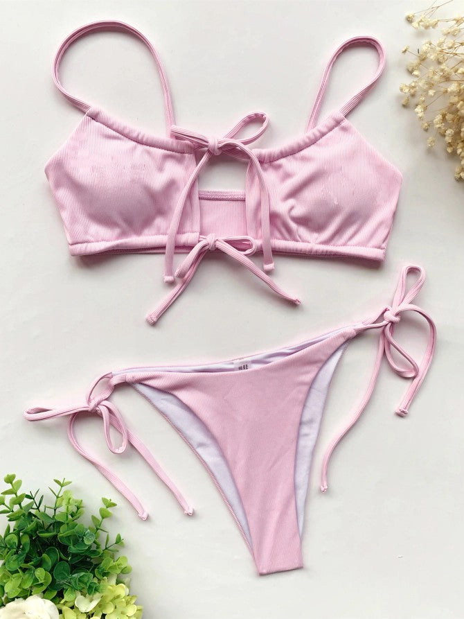 TEEK - Solid Front Lace-Up Bikini SWIMWEAR theteekdotcom Pink S