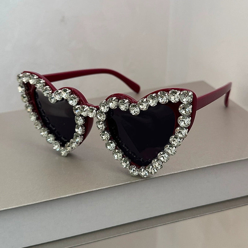 TEEK - Bejeweled Heart Sunglasses EYEGLASSES theteekdotcom Wine Red Frame + Black Gray