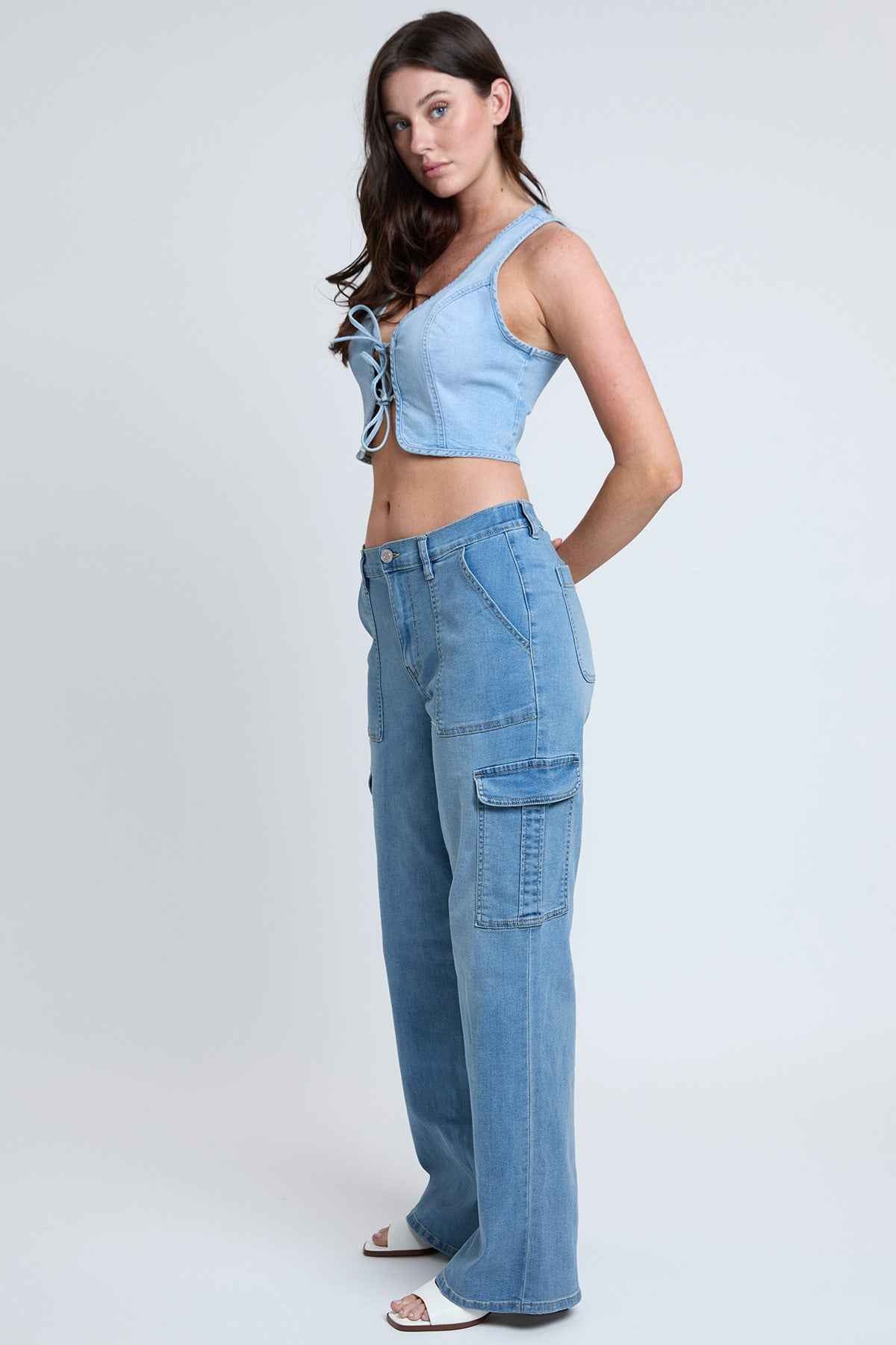 TEEK - Womens Elastic Waist Straight Cargo Jeans JEANS TEEK YMJ