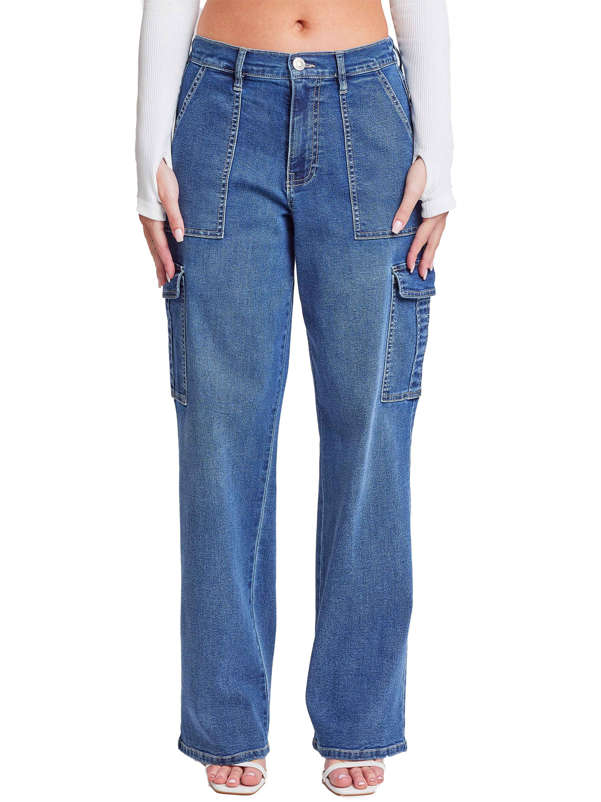 TEEK - Womens Elastic Waist Straight Cargo Jeans JEANS TEEK YMJ