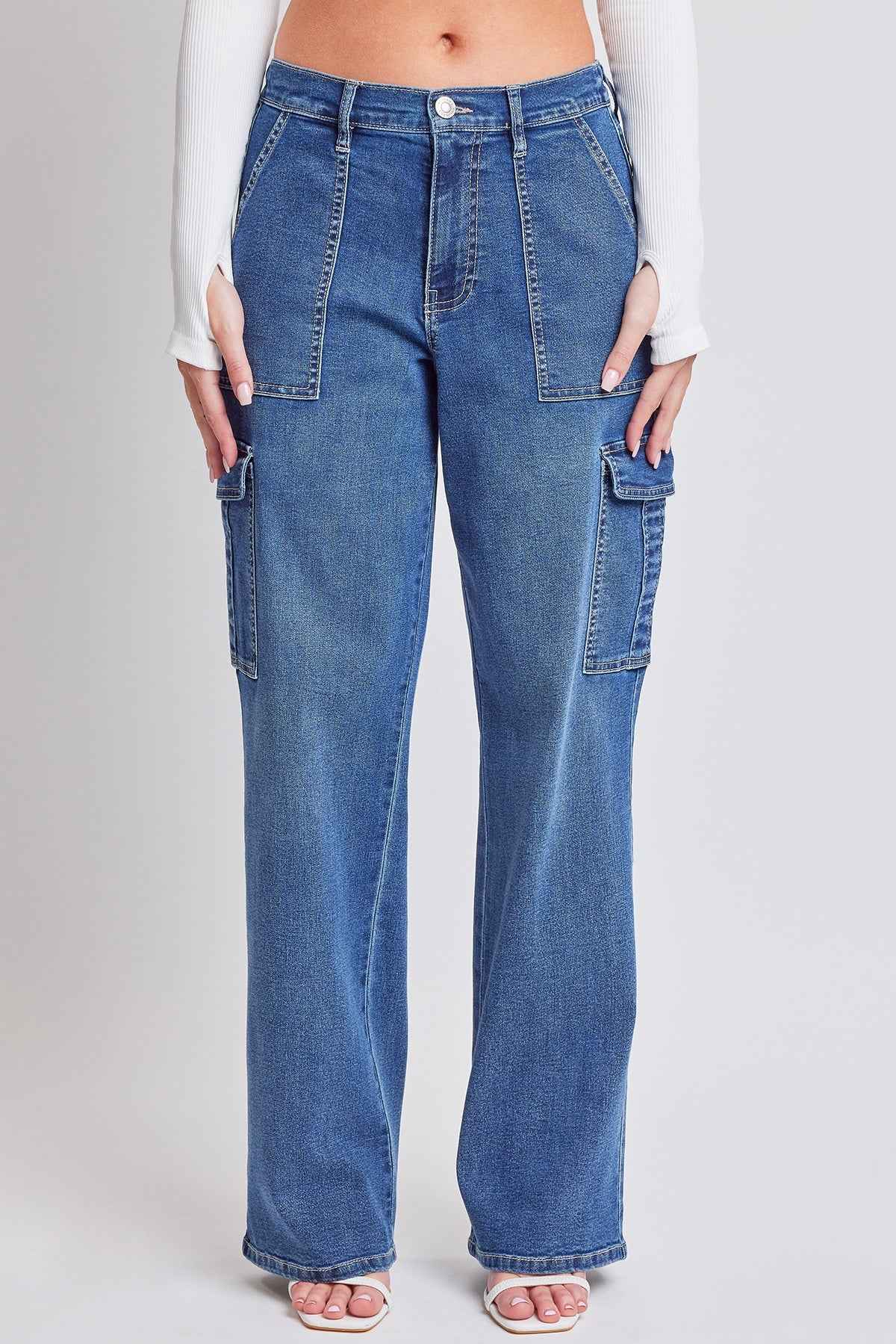 TEEK - Womens Elastic Waist Straight Cargo Jeans JEANS TEEK YMJ