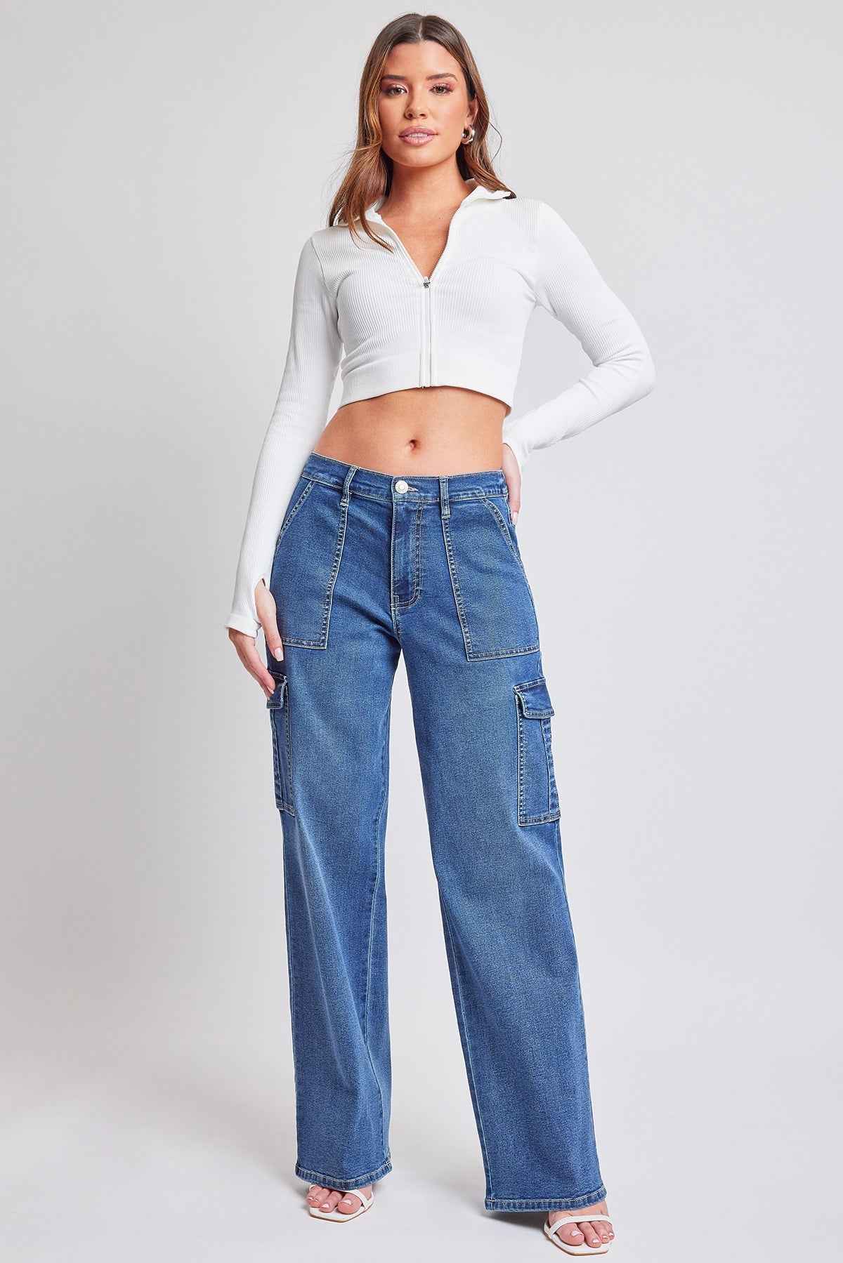 TEEK - Womens Elastic Waist Straight Cargo Jeans JEANS TEEK YMJ