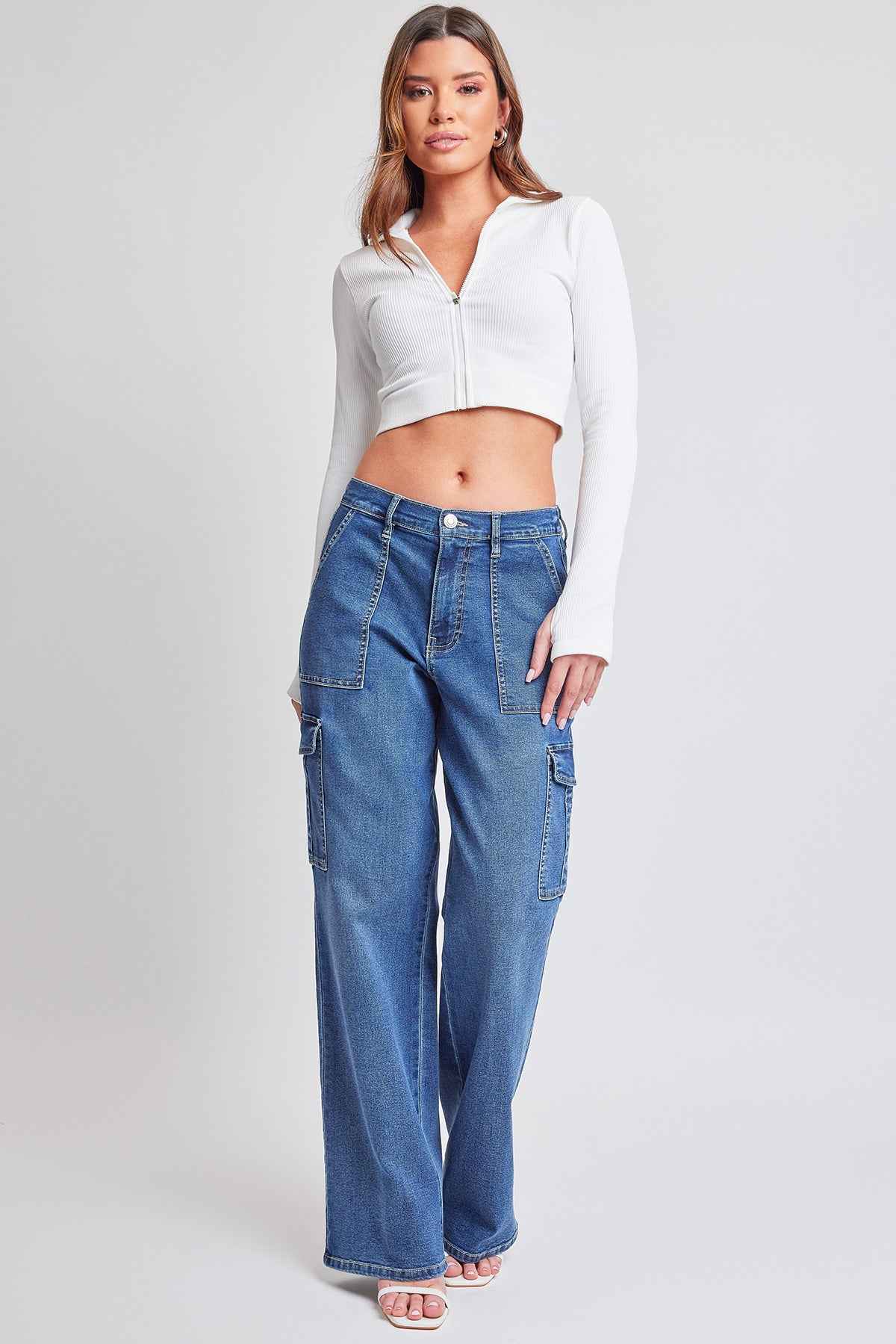 TEEK - Womens Elastic Waist Straight Cargo Jeans JEANS TEEK YMJ N Indigo Blue S