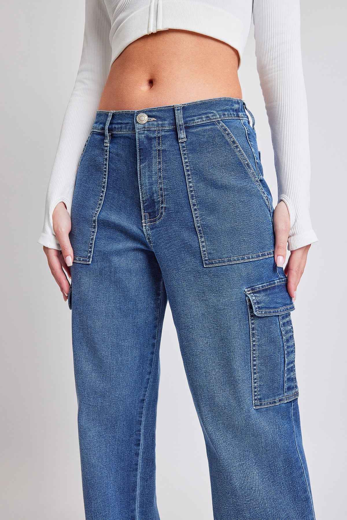 TEEK - Womens Elastic Waist Straight Cargo Jeans JEANS TEEK YMJ