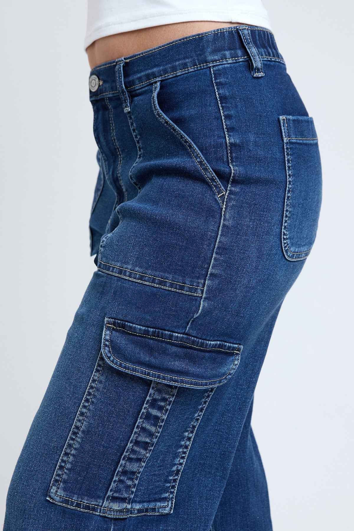 TEEK - Womens Elastic Waist Straight Cargo Jeans JEANS TEEK YMJ