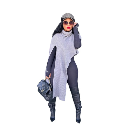 TEEK - Knit Rib Turtleneck Slit Asymmetrcial Oversized Sweater TOPS theteekdotcom