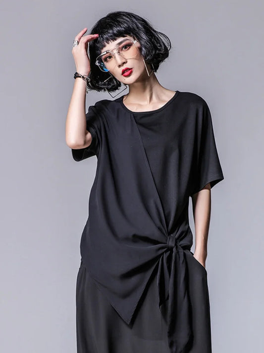 TEEK - Black Asymmetric Pleated Knit Shirt TOPS theteekdotcom