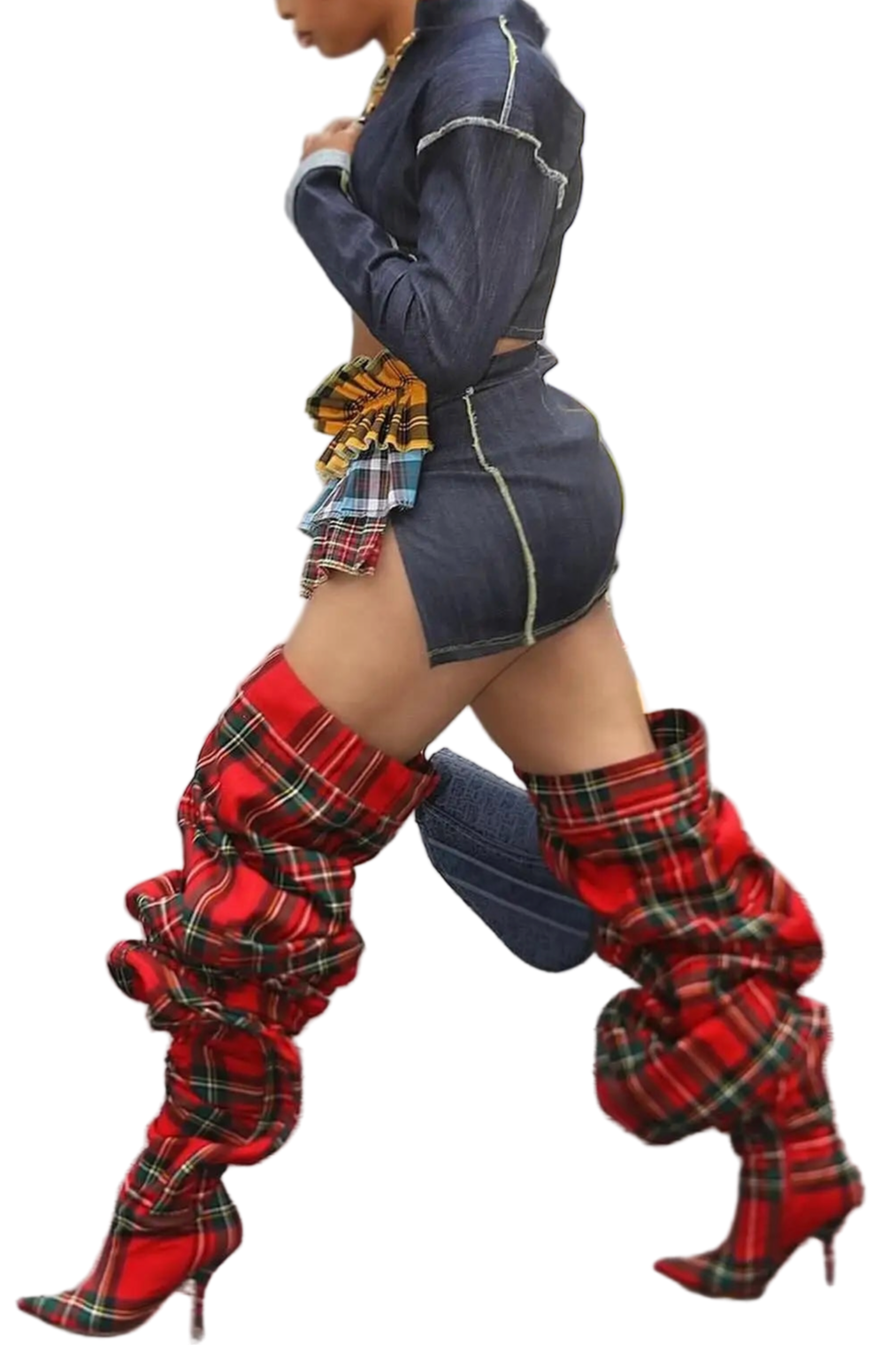 TEEK - Red Grid Cloth Loose OTK Boots SHOES TEEK