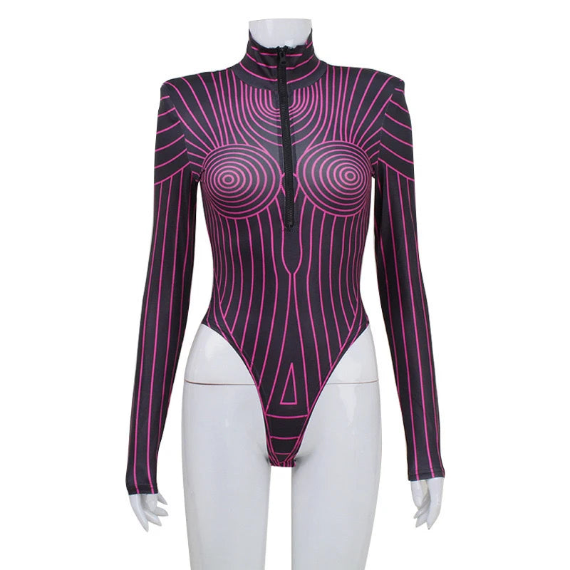 TEEK - Long Sleeve Fluorescent Striped Graphic Bodysuit TOPS TEEK Red S