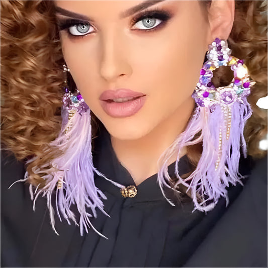 TEEK - Oversize Feather Purple Rhinestone Earrings JEWELRY theteek.com Silver