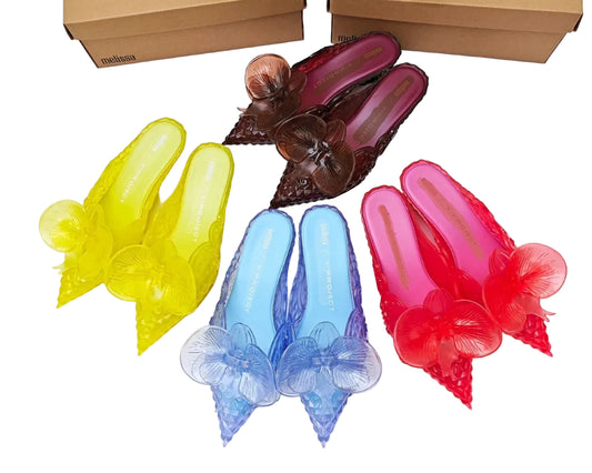 Design Big Butterfly Knot Melissa Women Flat Mules Sandals High Quality Cozy Patent Leather Pointed Toe Back Strap Shoes TEEK