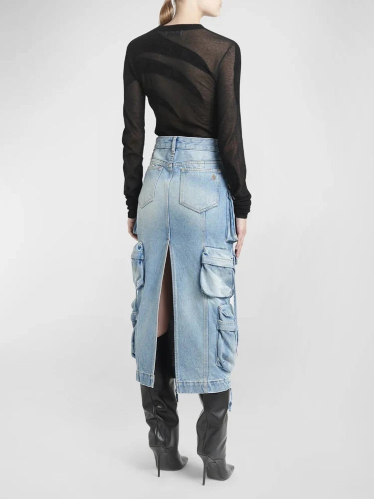 TEEK - Plenty Pockets Split Denim Cargo Skirt SKIRT theteekdotcom