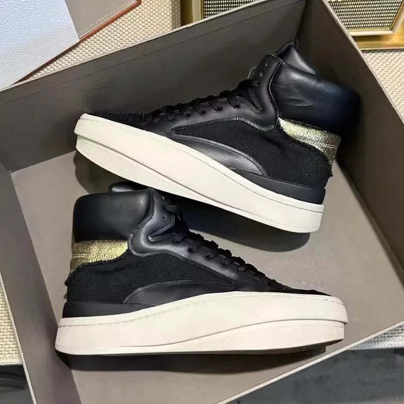 TEEK - Mens Spliced Canvas Genuine Leather High Top Sneakers SHOES theteekdotcom black gold 44