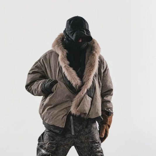 TEEK - Mens Techwear Detachable Fur Collar Robe Down Coat HK3367 JACKET theteekdotcom