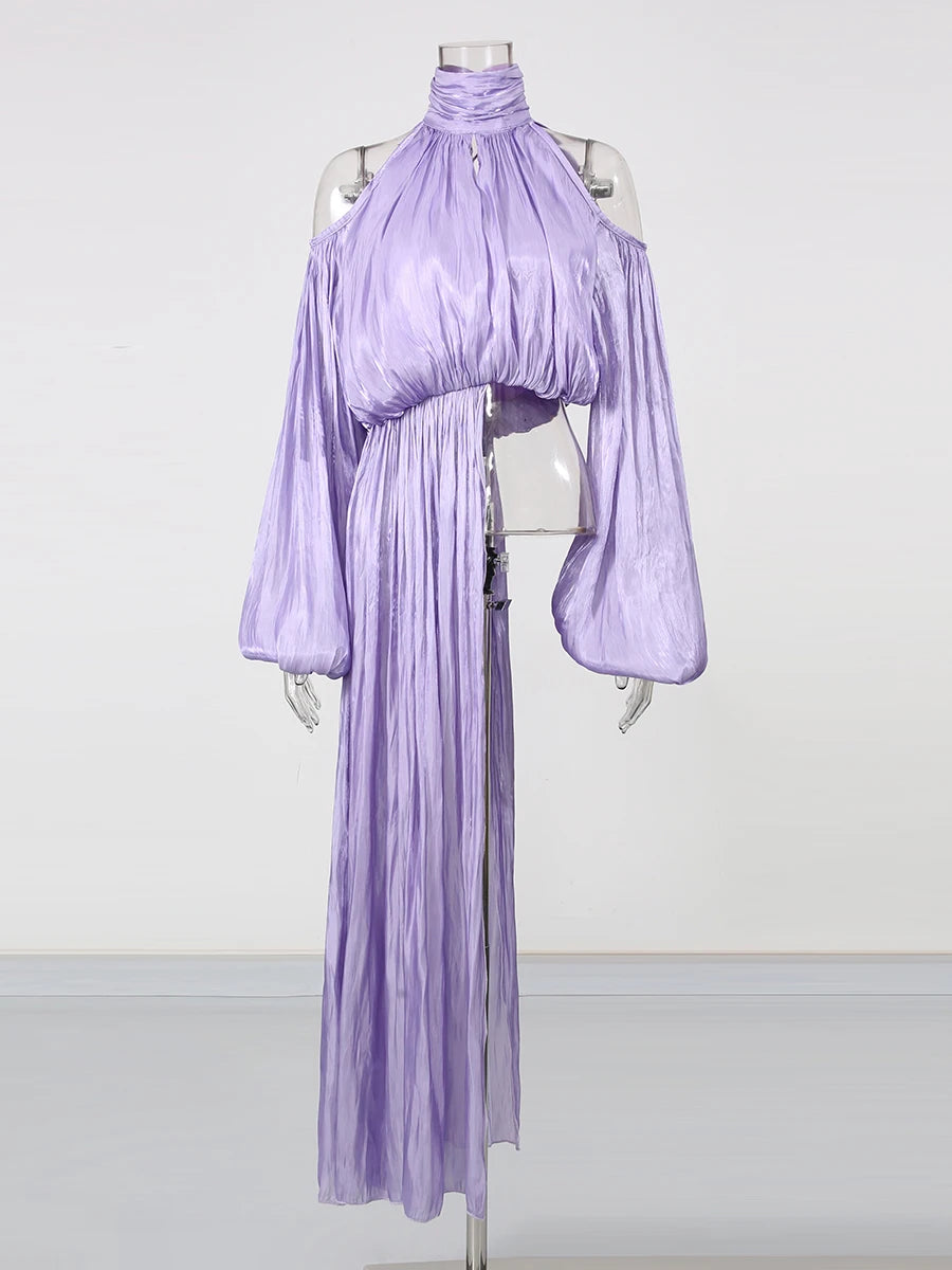 TEEK - Off The Single Shoulder vTurtleneck Ruched Oversized Sleeve Blouse TOPS theteekdotcom PURPLE S