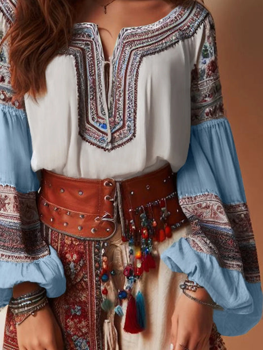 TEEK - Beige Lantern Sleeves Boho Blouse TOPS theteekdotcom