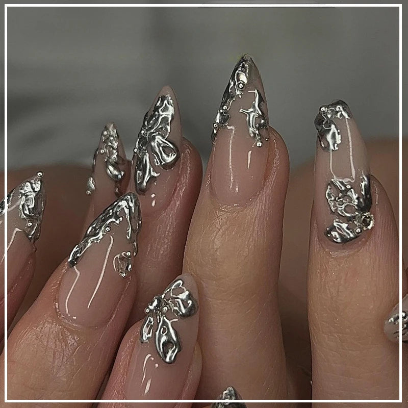 TEEK - 24Pcs Sheer Tip 3D Acrylic Almond Medium Press on Fake Nails