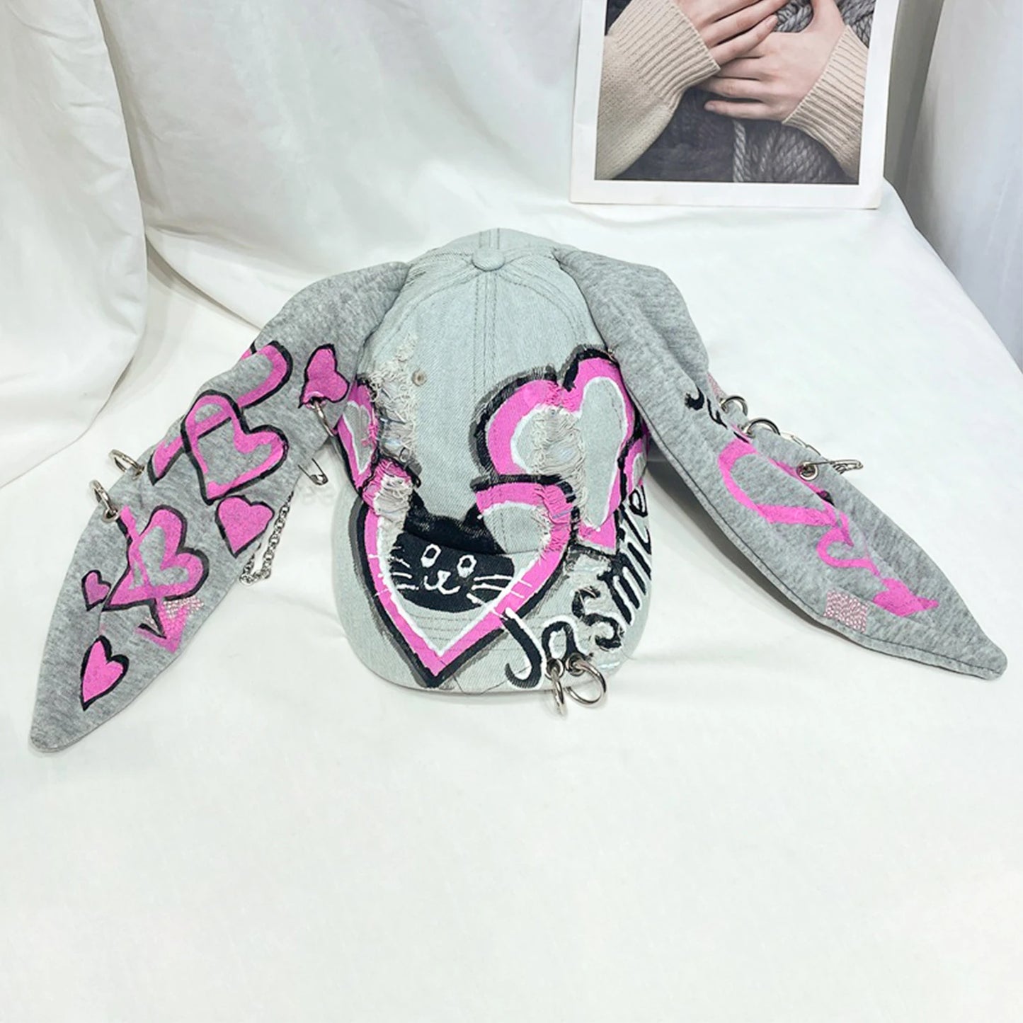 TEEK - Goth Denim Ripped Baseball Cap HAT theteekdotcom cat Rabbit One Size
