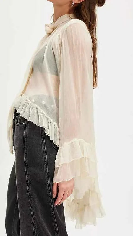 TEEK - Chic Irregular Ruffled Hem Cape Top Bow Tied Neck Sheer Top TOPS theteekdotcom