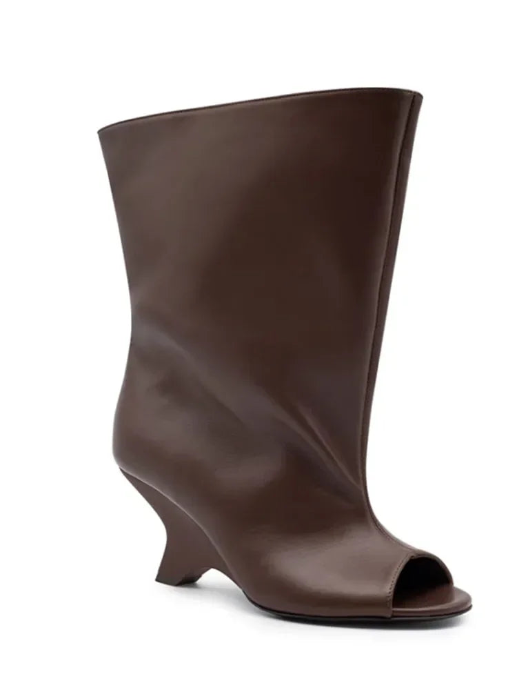 TEEK - Knee High Slope Heel Fish Mouth Boots SHOES theteekdotcom s-78 Brown 5