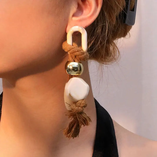 TEEK - White Light Yellow Gold Long Beads &Ropes Earrings