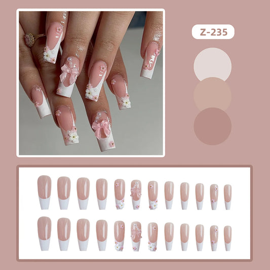 TEEK - 24PCS White Powder Flower French Butterfly Pearl Nail Set NAIL ART theteekdotcom