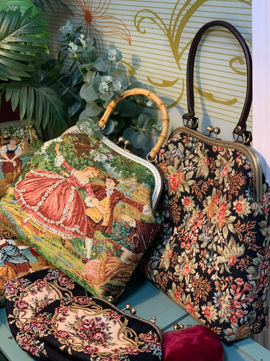 TEEK - Vintage French Tapestry Purse Clutch Bamboo Handbag BAG theteekdotcom