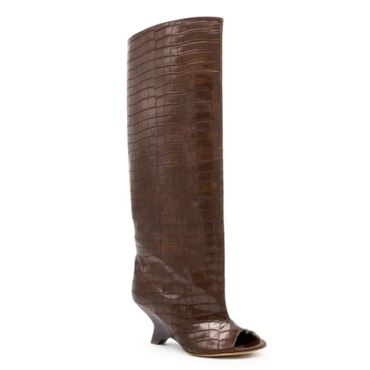 TEEK - Knee High Slope Heel Fish Mouth Boots SHOES theteekdotcom