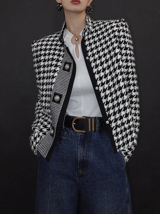 TEEK - Houndstooth Stand Collar Long Sleeve Jacket JACKET theteekdotcom