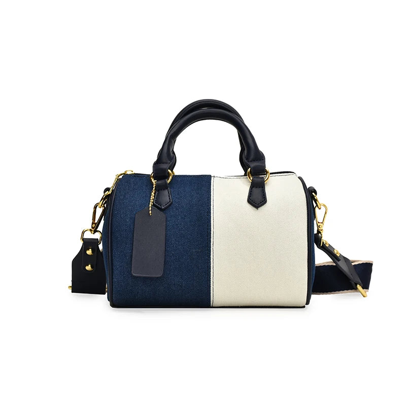 TEEK - Patchwork Colorblock Denim Shoulder Boston Bag BAG TEEK Blue And White